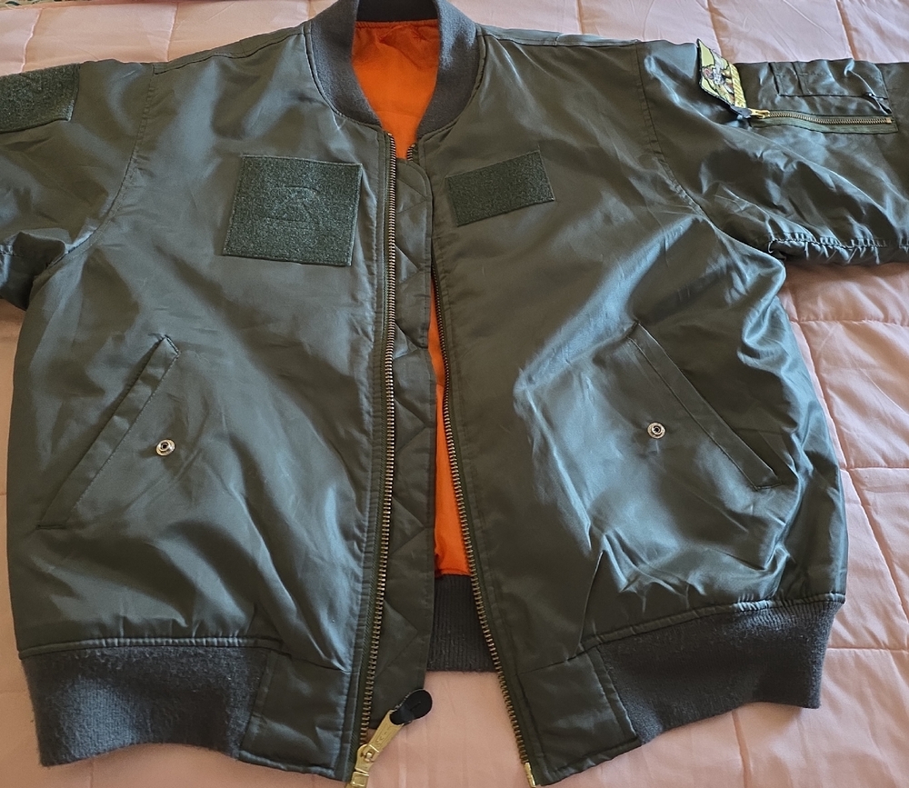 Source Unknown Olive Green Bomber Jacket with Orange Lining